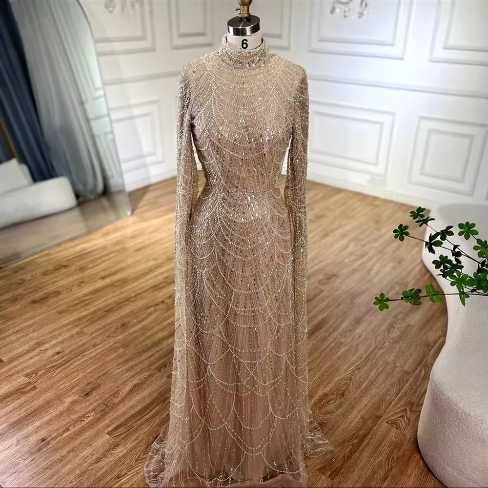 Serene hill 2024 nude mermaid cape sleeves evening gown gown pearls beaded dress
